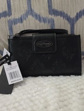 Ed Hardy Black Embossed Wristlet Clutch